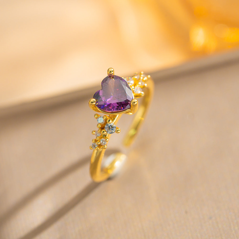 Luxury Minimalist Adjustable Open Ring for Women with Gold-Plated Copper Band and Zircon Stone Accent in Heart and Floral Shape