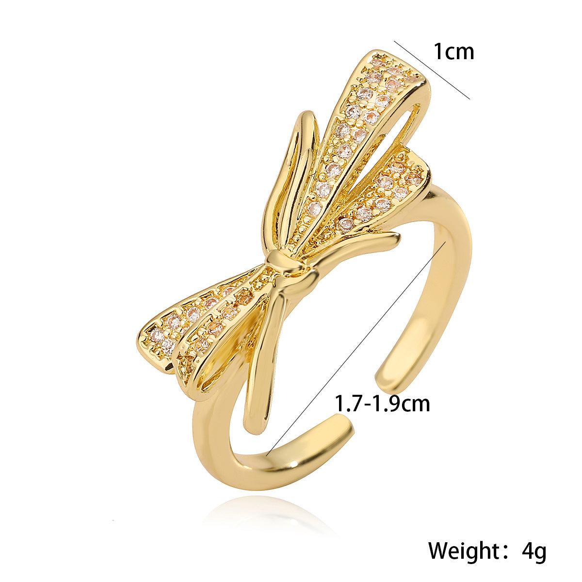 Anello regolabile minimalista a forma di fiocco da donna in rame con placcatura in oro 18 carati e zirconi microincastonati