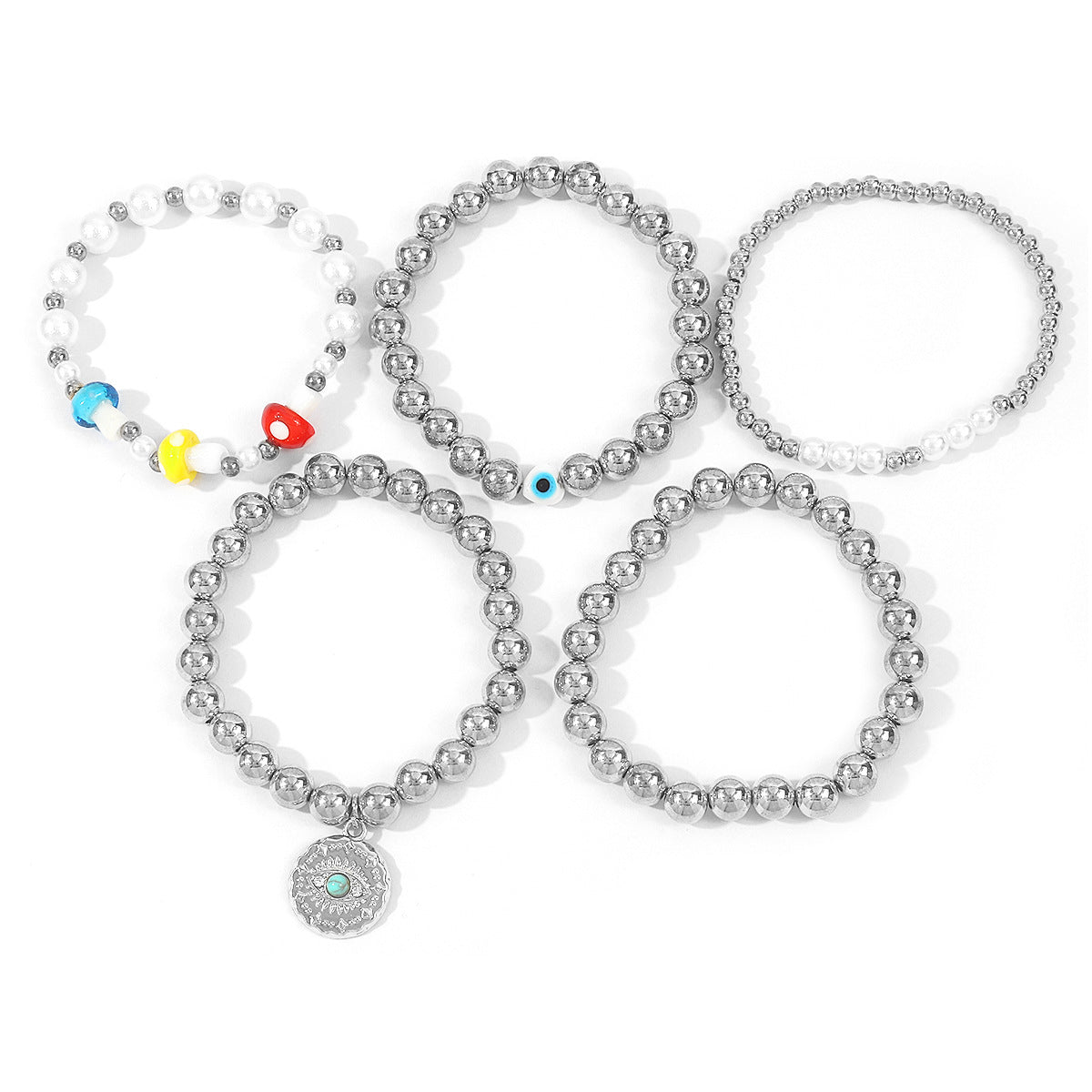 Minimalist Mushroom Eye Pendant Bracelet Set for Women with CCB Beads Alloy and Imitation Pearl Handmade Woven Design