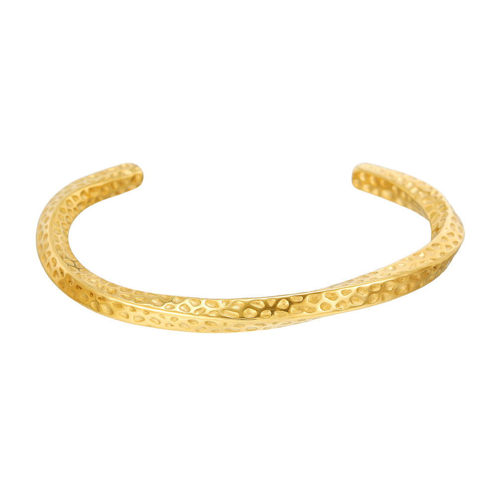 Minimalist Irregular Twisted Stainless Steel Bracelet with Hammered Texture and Adjustable Opening for Women and Men