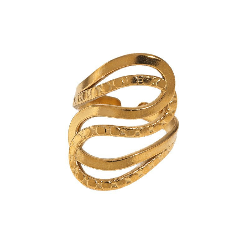 Minimalist Geometric Textured Stainless Steel Ring with 18K Gold Plating for Women