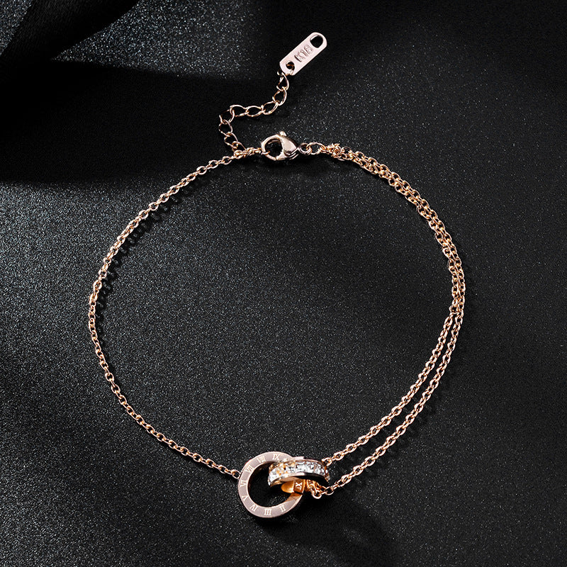Braccialetto Minimalista in Acciaio al Titanio con Numeri Romani e Strass per Donna, Catena a Serpente Placcata Ipoallergenica