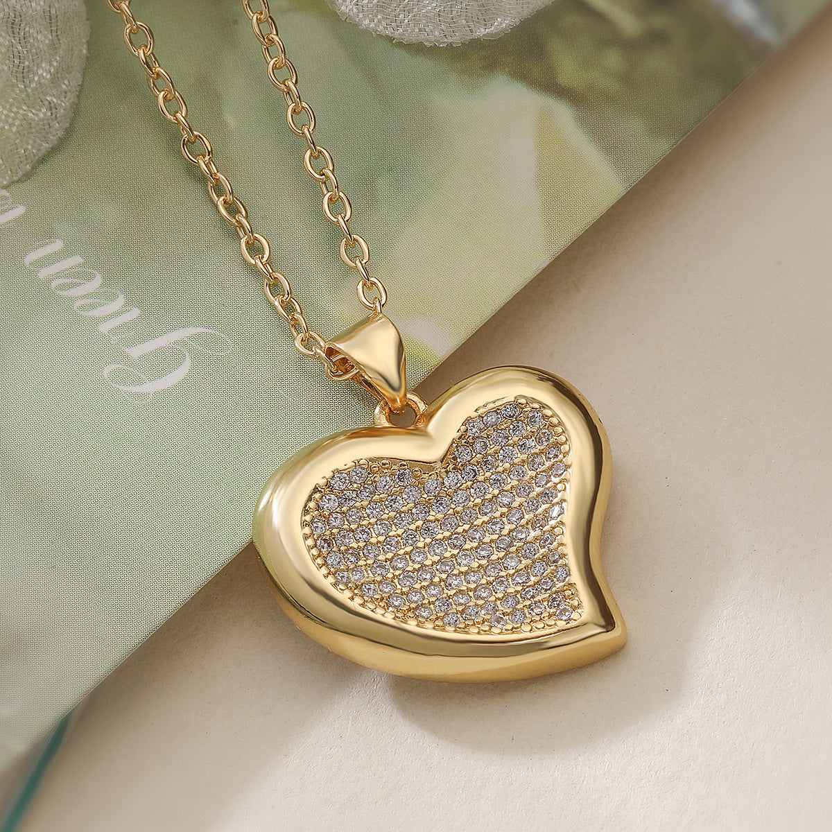 Minimalist 18K Gold Plated Brass Heart Cubic Zirconia Pendant Necklace for Women