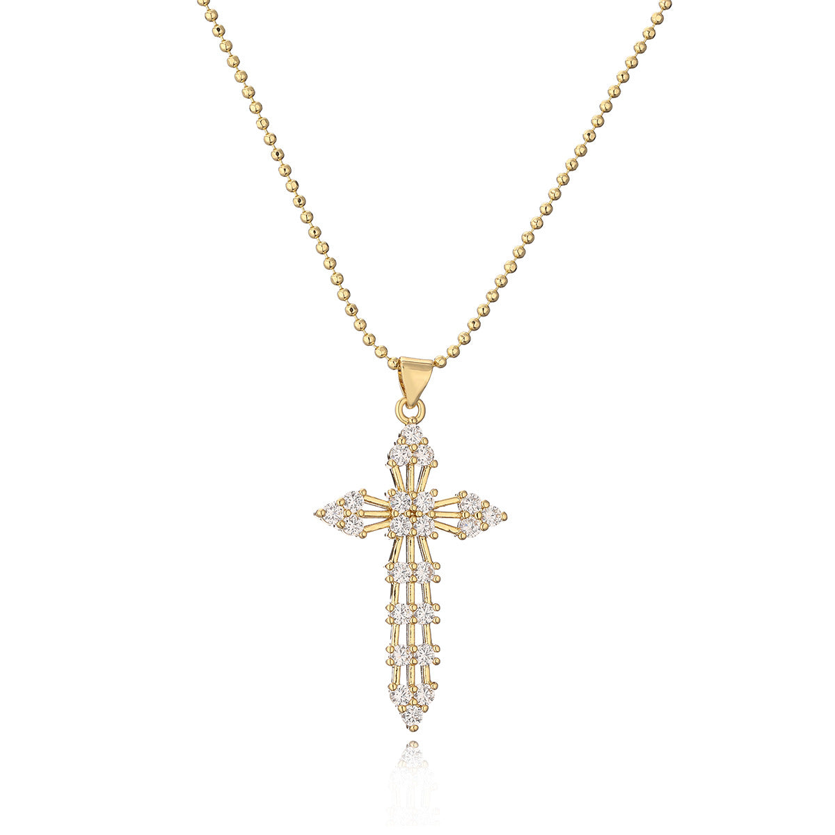 Collana pendente a croce minimalista da donna in ottone con intarsio in zirconi cubici e design geometrico