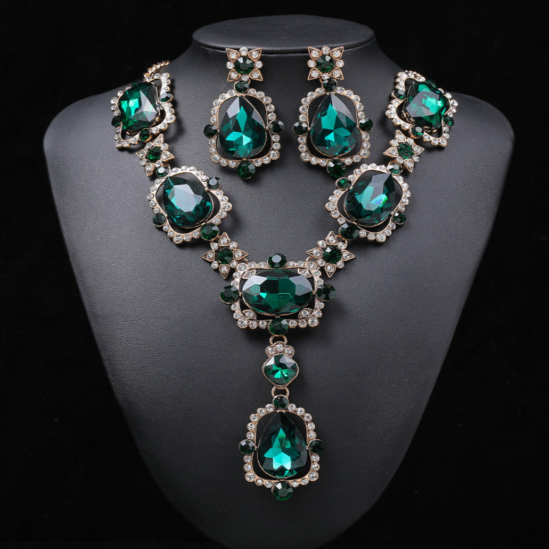Exaggerated Vintage Alloy Necklace and Earring Set with Artificial Gemstone Inlay and Ruyi Lock Pendant for Women