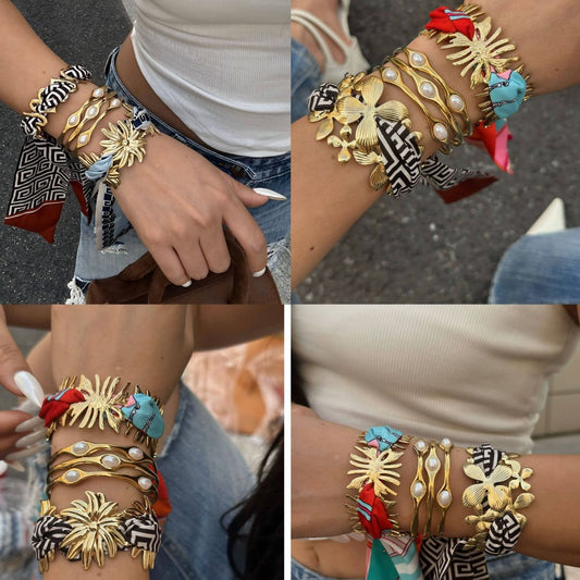 Pulsera Minimalista de Acero Inoxidable con Baño de Color, Diseño de Hoja, Flor o Corazón