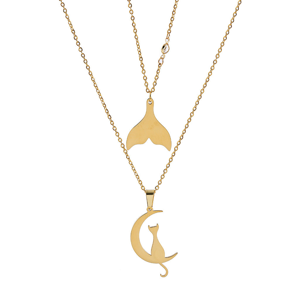 Collana con ciondolo a sirena gatto lunare geometrico in acciaio al titanio placcato oro su catena a O