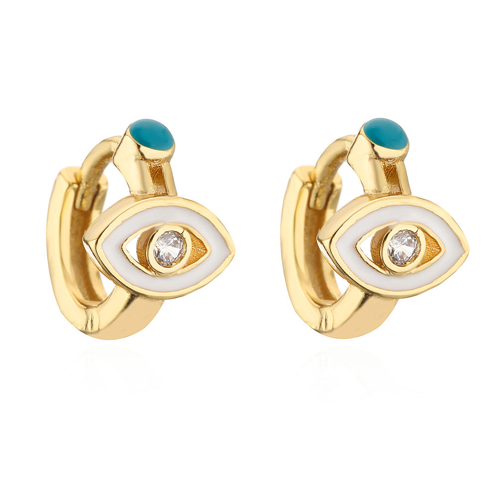 Minimalist Geometric Copper Earrings with 18K Gold Plating and Enamel-Finished Zirconia Eye Accents for Women