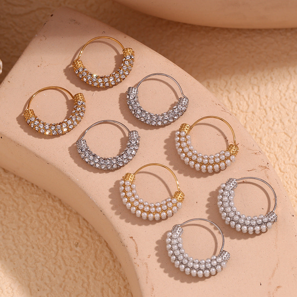 Fashionable Vintage-Inspired Geometric Stainless Steel Plated 18K Gold Hoop Earrings with Micro-Pave White Cubic Zirconia and Pearl Accents