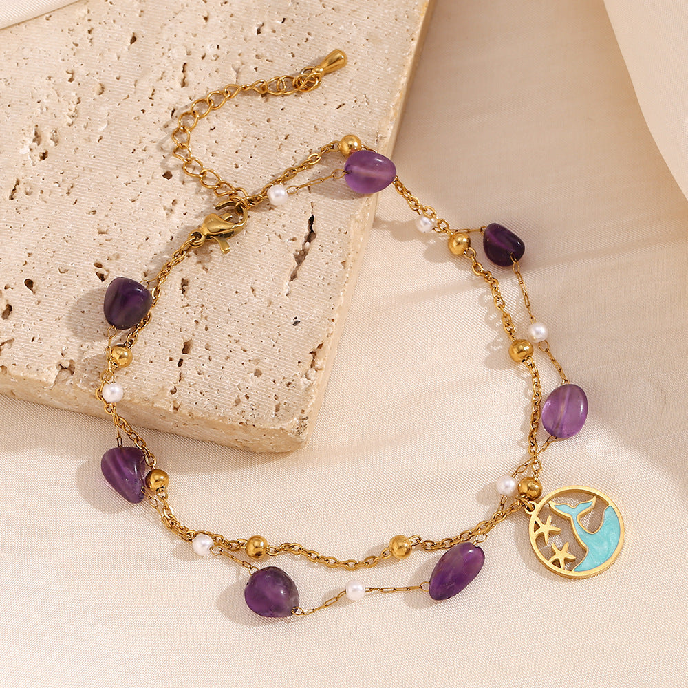 Minimalist Round Anklet for Women Made of Stainless Steel with 18K Gold Plating and Natural Stone Accents