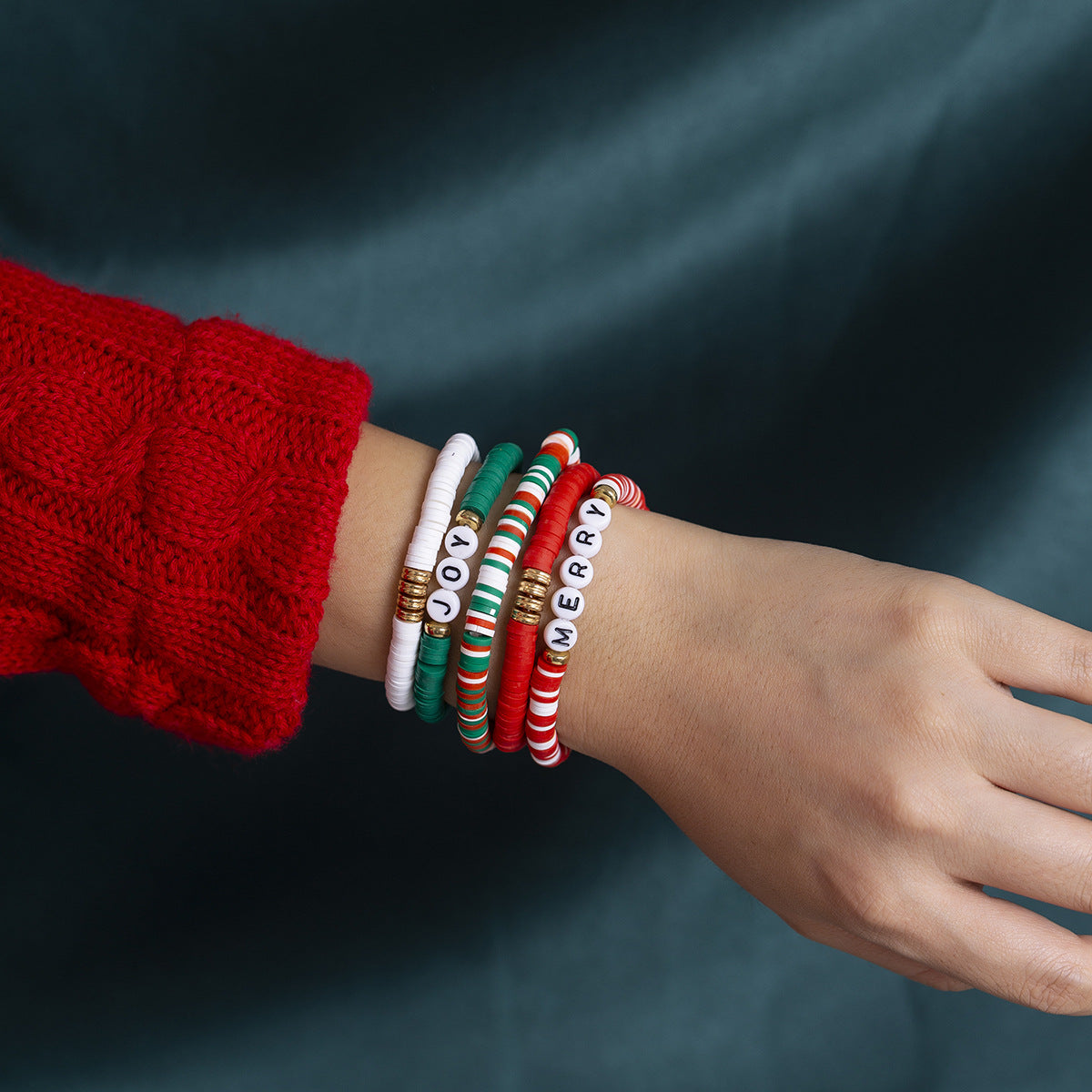 Minimalist Polymer Clay Beaded Letter Bracelet Set with Christmas Elements for Women