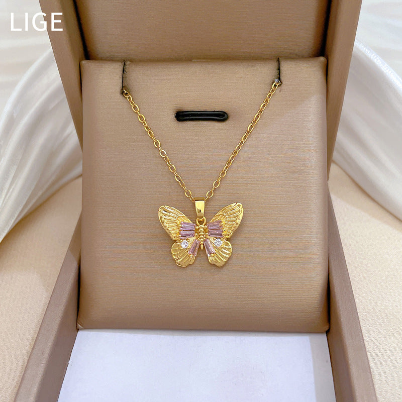 Luxury Plated Titanium Steel Butterfly Geometric Necklace and Earrings Set for Women
