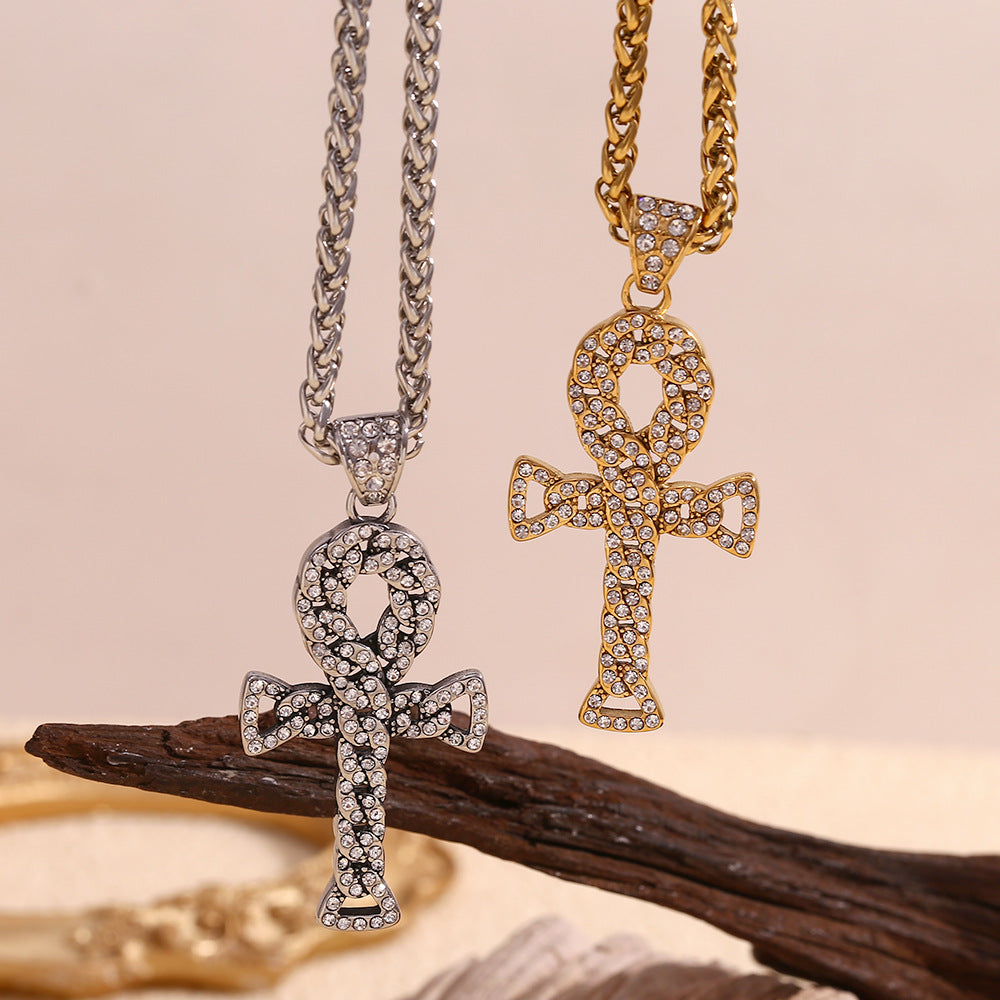 Collana con ciondolo a croce geometrica in stile retrò Hip-Hop da uomo, base in acciaio inossidabile con placcatura in oro 18 carati e intarsio completo di strass