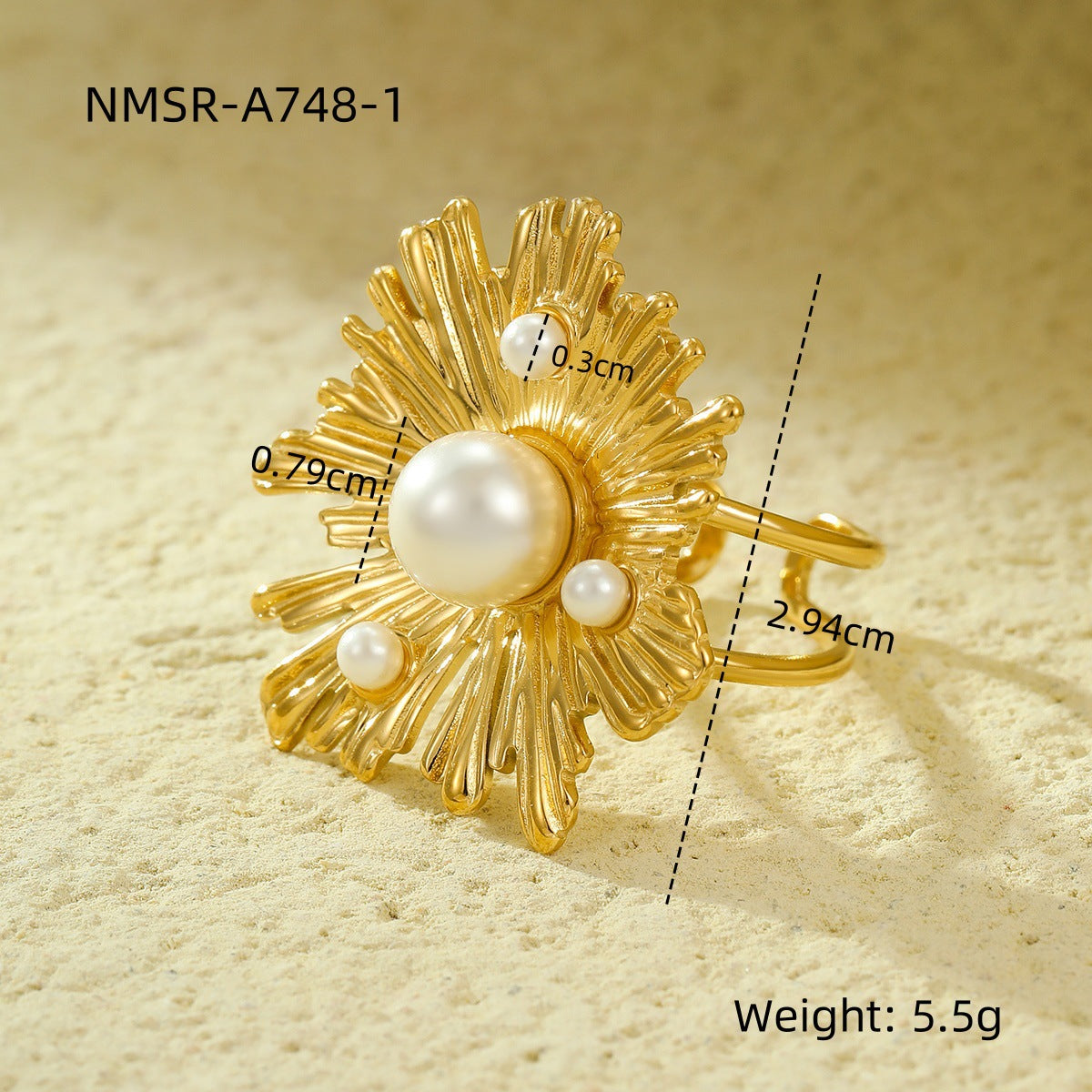 Anillo de Acero Inoxidable con Perlas y Flores de Estilo Lujoso para Mujer con Acabado Chapado y Banda Ajustable