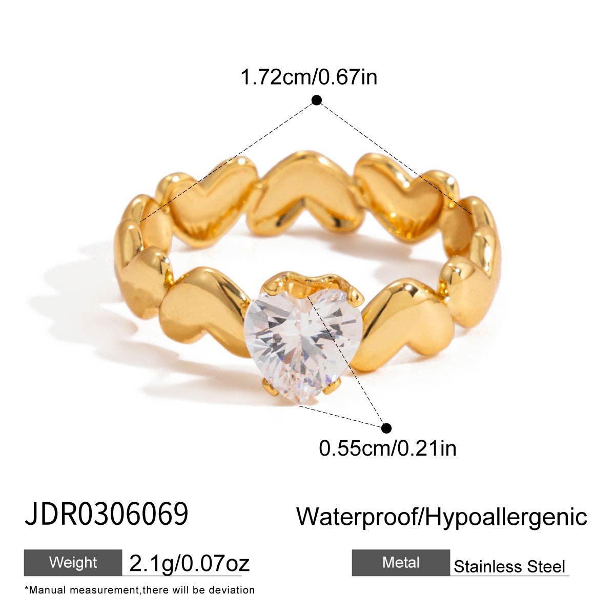 Anillo de acero de titanio con forma de corazón, incrustaciones de diamantes de imitación y acabado chapado, a la moda para mujer