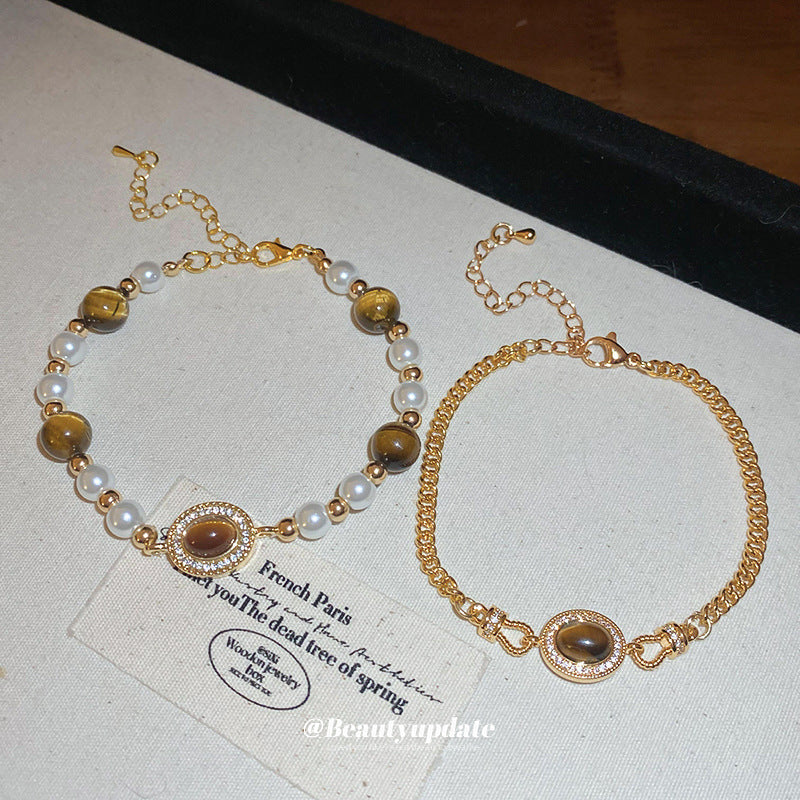 Pulsera de perlas geométricas incrustadas de diamantes de imitación en tono caramelo para mujer, estilo de corte francés vintage, accesorio de moda elegante