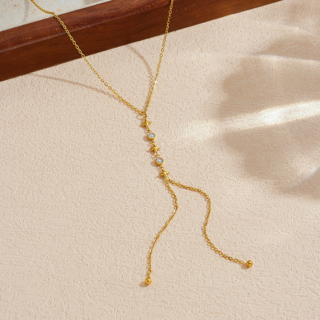 Minimalist Elegant Gold Plated Stainless Steel Star Rhinestone Tassel Y-Necklace for Women