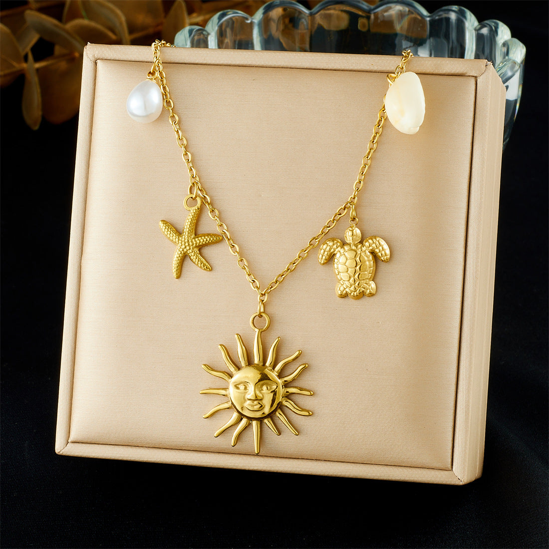 Chic Gold Plated Stainless Steel Heart Bow Floral Pendant Necklace Curb Chain