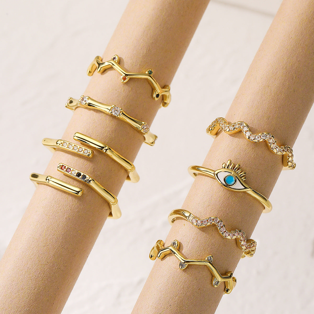 Minimalist Irregular Geometric Copper Ring with 18K Gold Plating and Zircon Inlay for Women