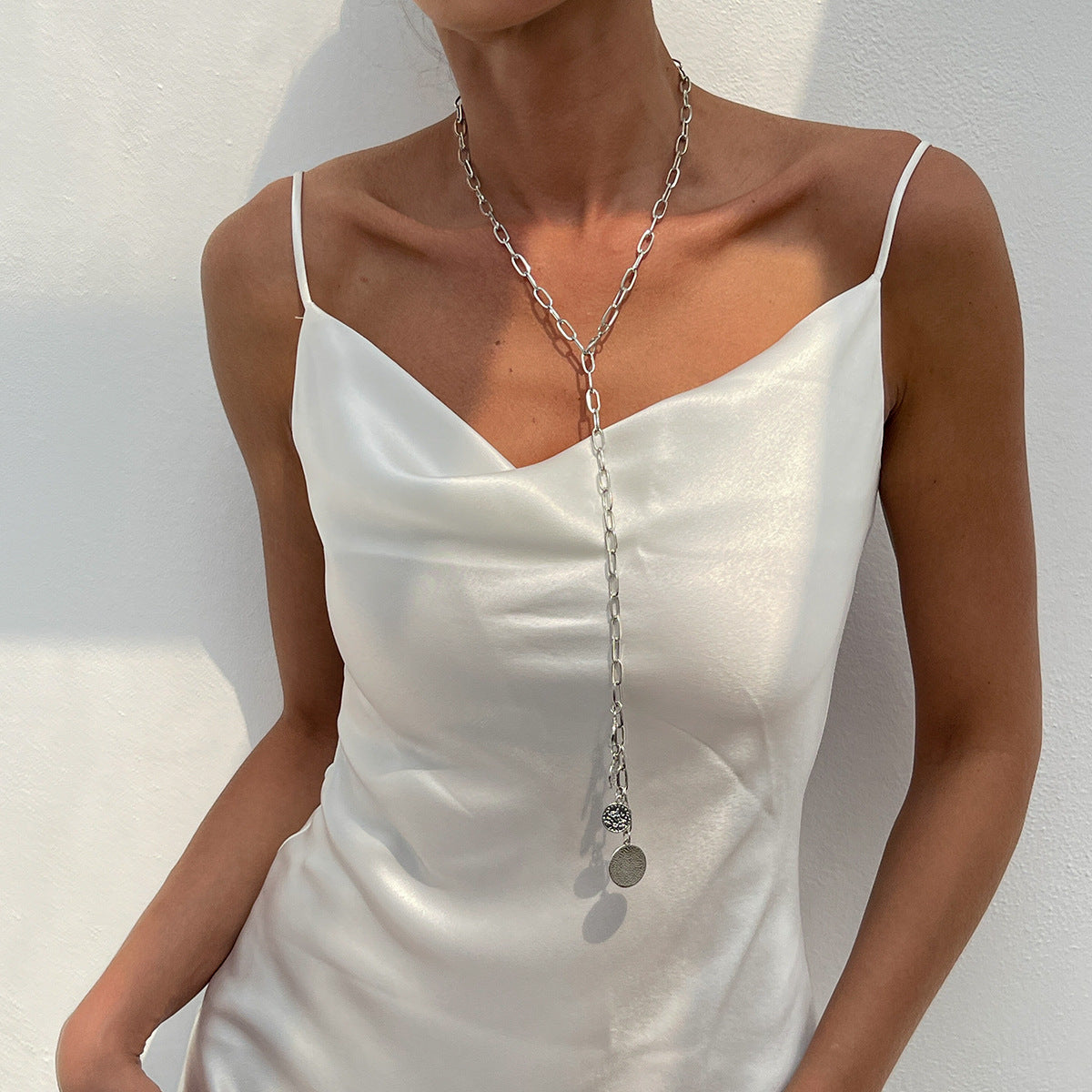 Geometric Alloy Plated Pendant with Tassel Curb Chain Necklace for Women