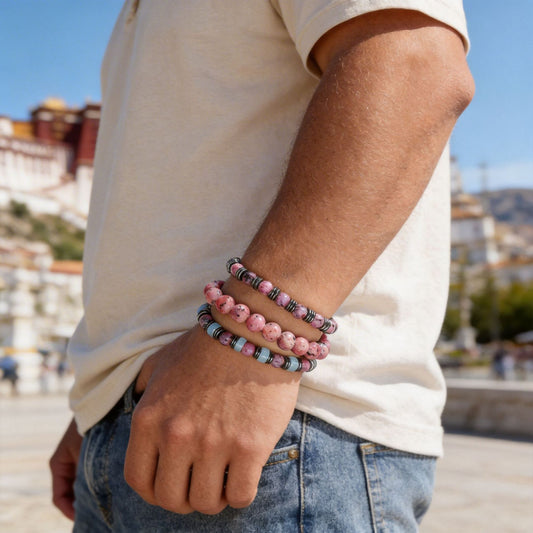Fashion Round Wood and Hematite Beaded Stretch Bracelet with Zebra Print Pattern for Men and Women