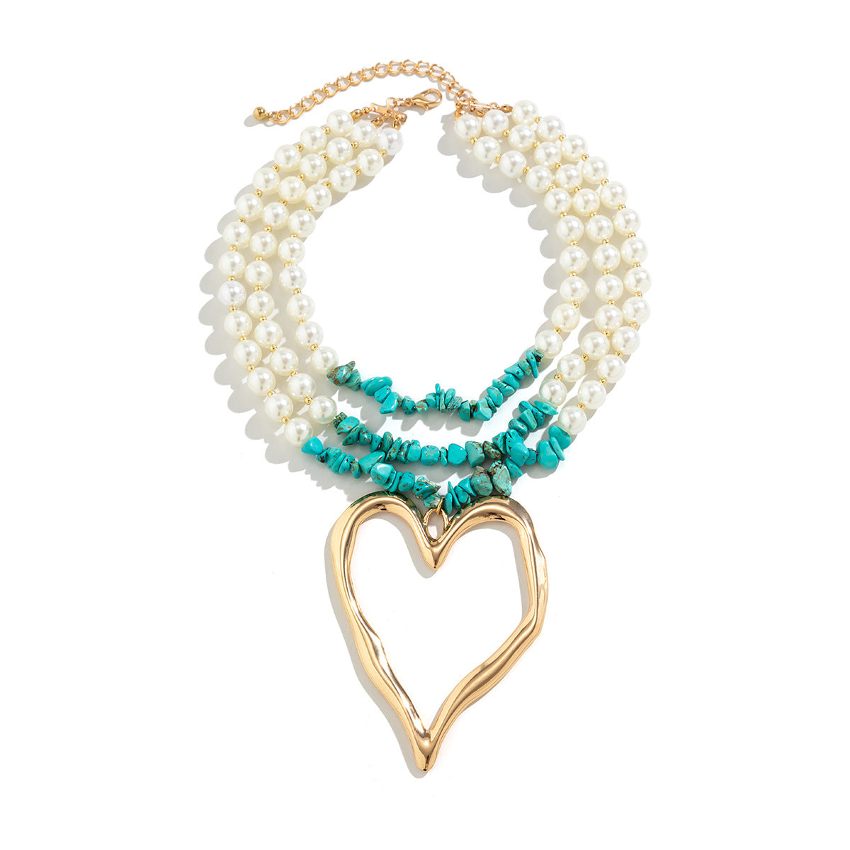 Collana vintage multistrato in turchese a forma di cuore grande da donna con ciondolo in lega e catena di perle placcate