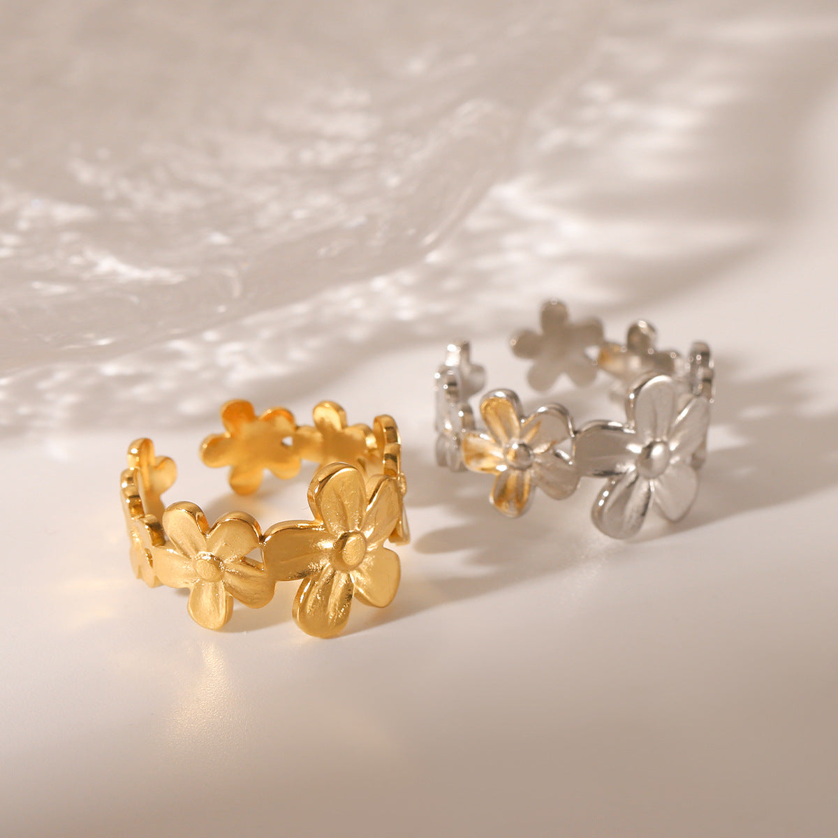 Minimalist Floral Titanium Steel Open Ring for Women with 18K Gold Plating, Geometric Flower Design