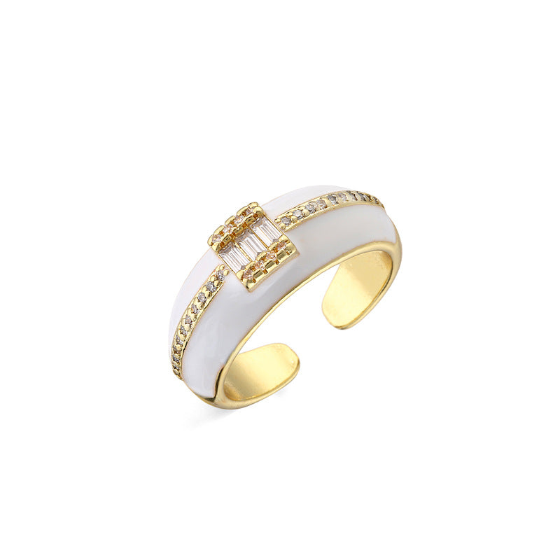 Geometric Micro-inlay Cubic Zirconia 18K Gold Plated Drip Oil Brass Ring for Women