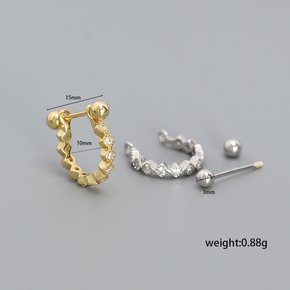 Sweet-Edgy Geometric Rhinestone-Inlaid Round Ear Cuffs for Cartilage Piercing in Sterling Silver 925