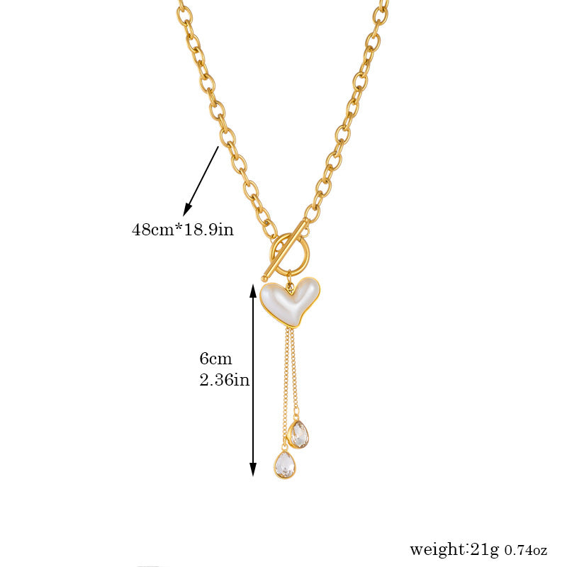 Vintage Fashion Pearl Heart Pendant Stainless Steel Gold Plated Necklace with Tassel and OT Clasp