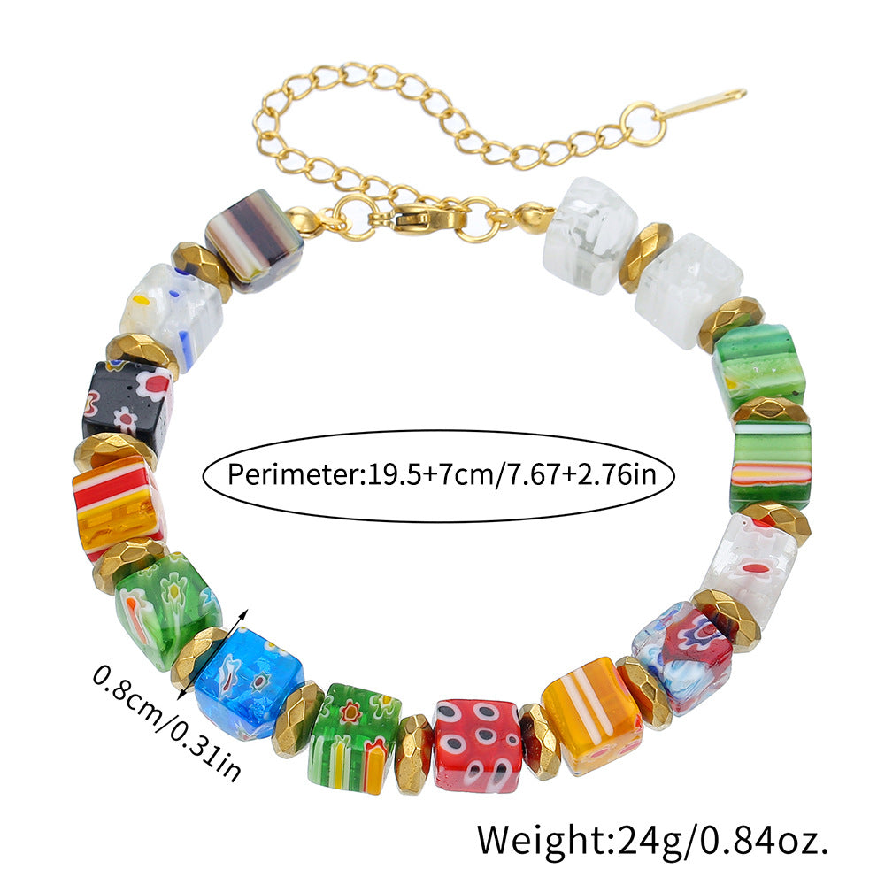 Handmade Murano Millefiori Glass Bead Charm Bar Bracelet Round Geometric Unisex Fashion Jewelry