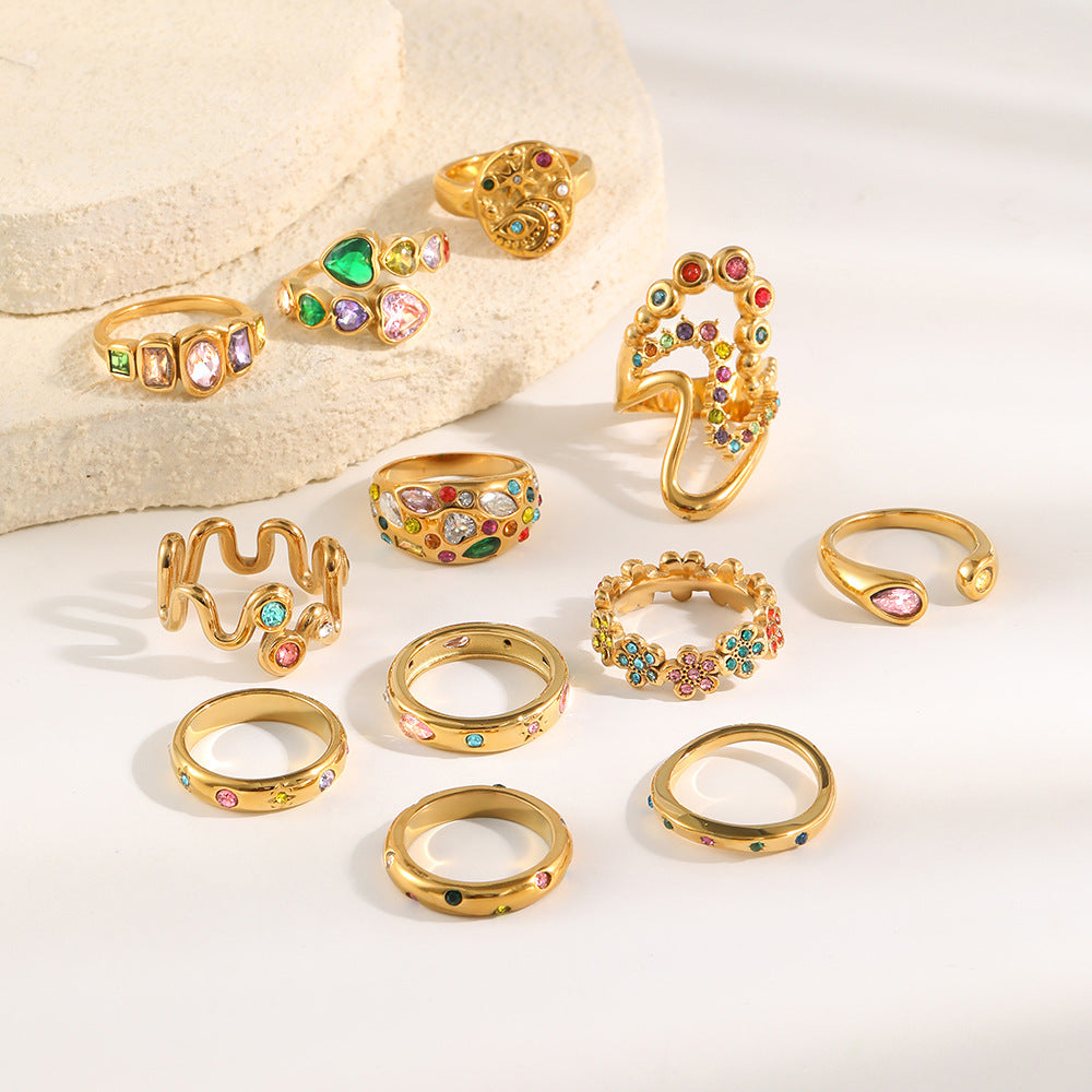 Anello in acciaio inossidabile placcato oro con strass floreali a goccia, geometrico, lussuoso ed elegante