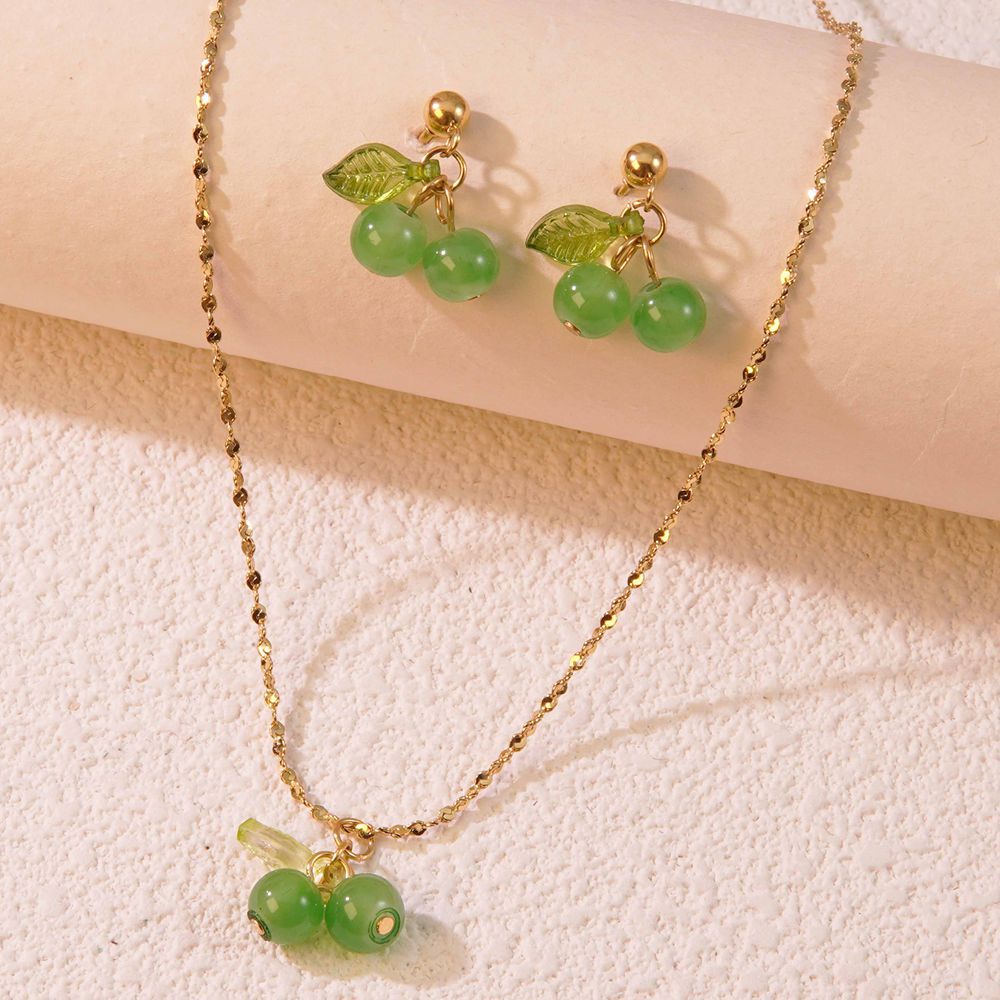 Sweet Cherry Titanium Steel Plated Necklace and Earring Set for Women