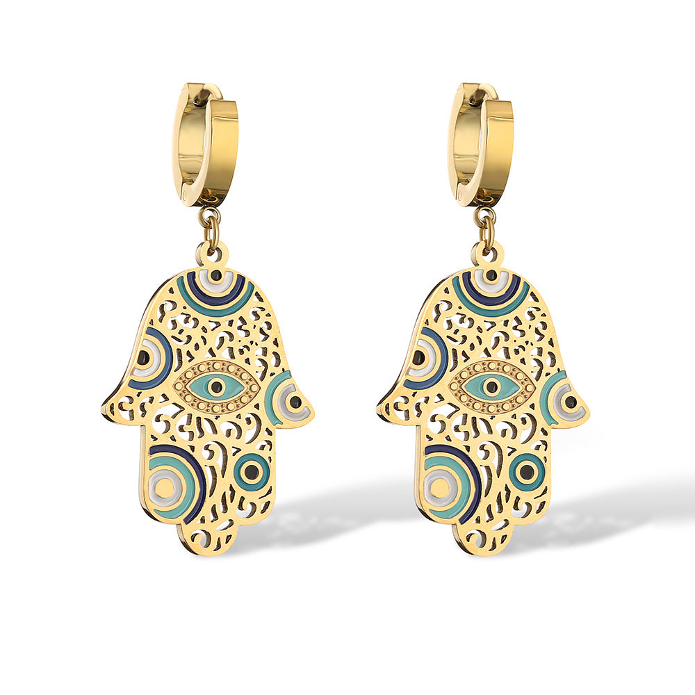 Orecchini a perno geometrici minimalisti in acciaio al titanio con smalto a forma di occhio di Hamsa per donna