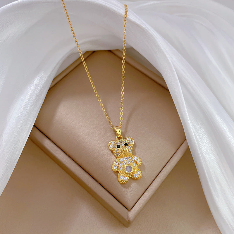 Collar con colgante de oso minimalista para hombre y mujer en acero de titanio con incrustaciones de diamantes de imitación en cadena tipo serpiente