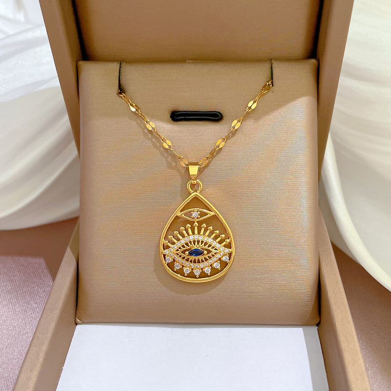 Sweet Gold Plated Teardrop Geometric Rhinestone Inlay Titanium Steel Necklace for Women