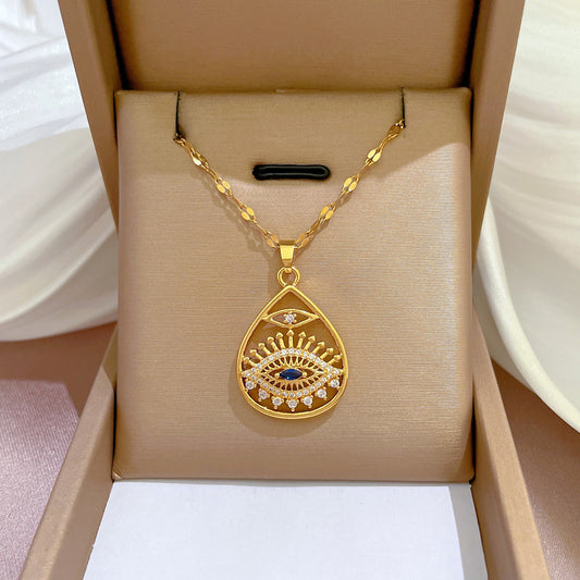 Sweet Gold Plated Teardrop Geometric Rhinestone Inlay Titanium Steel Necklace for Women