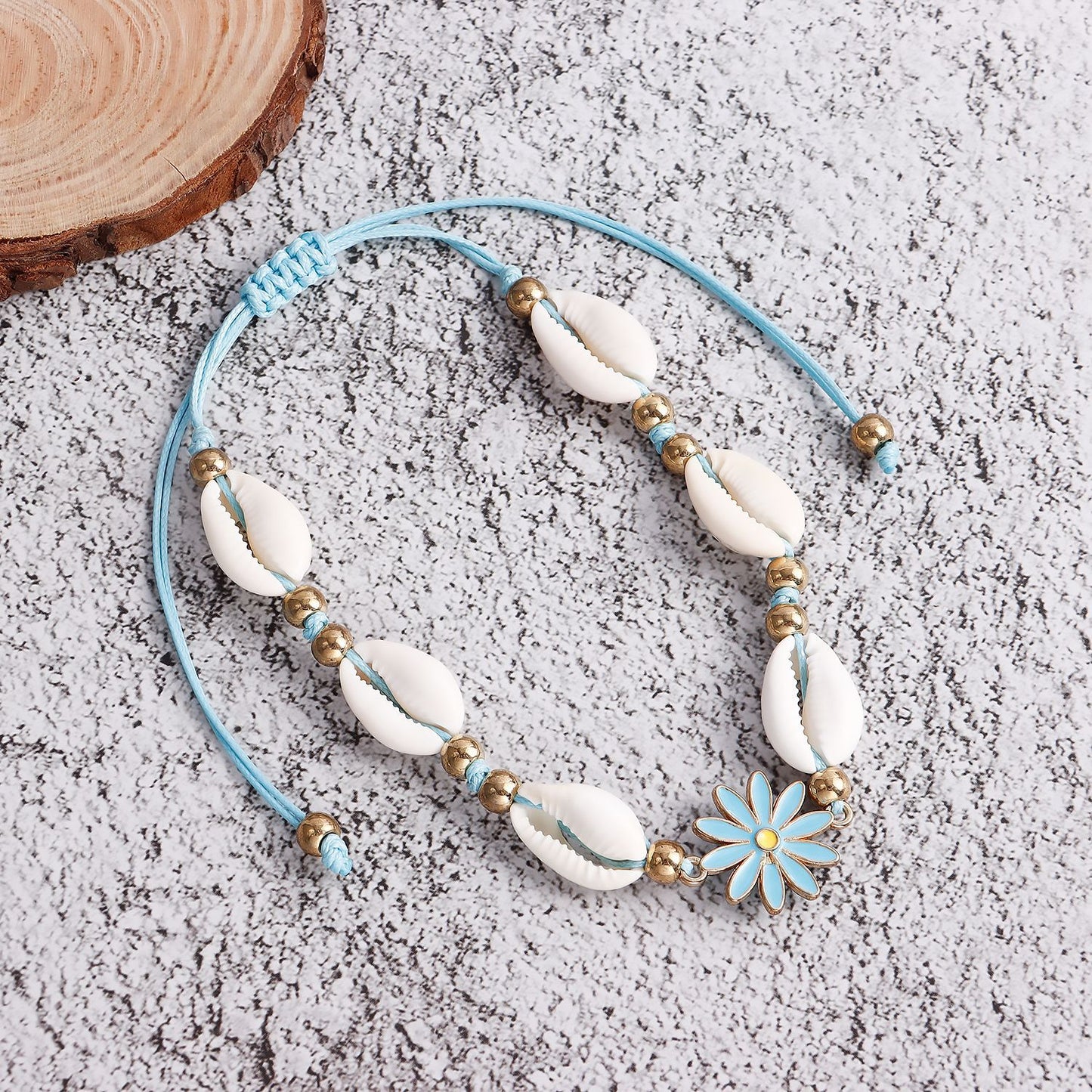 Bohemian-Inspired Adjustable Shell Anklet with Enamel Floral Design for Women