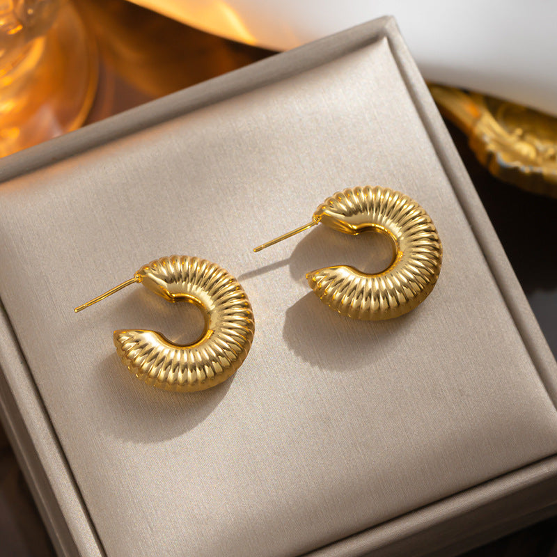 Vintage Geometric Hollow Threaded Titanium Steel Earrings for Women with Vacuum Plating Finish