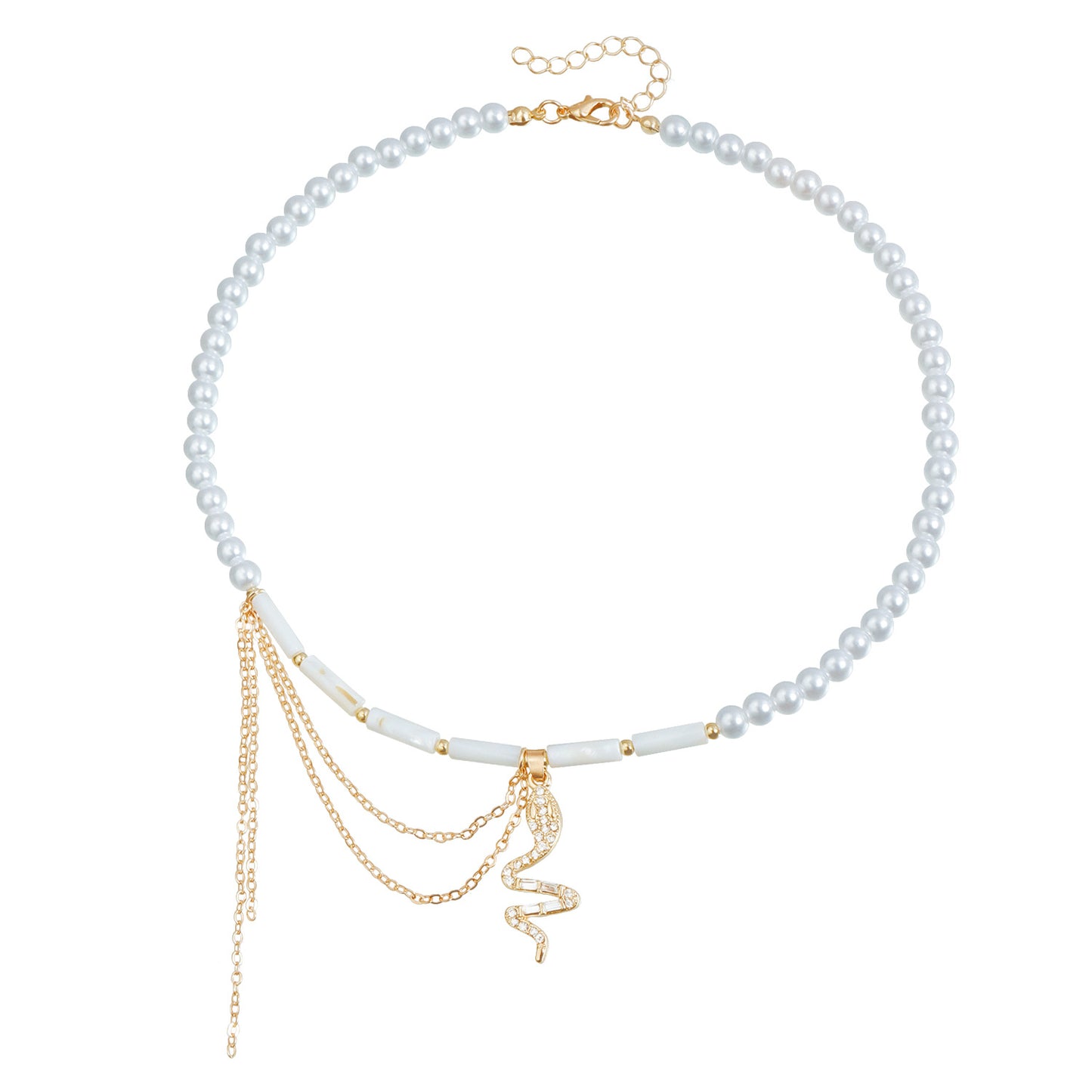 Collana girocollo a serpente minimalista con ciondolo a nappa e accenti di cilindri in perle d'imitazione su catena placcata oro in lega per donna