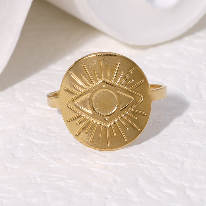 Minimalist Geometric Evil Eye Open Ring for Women in Titanium Steel with Plated Finish