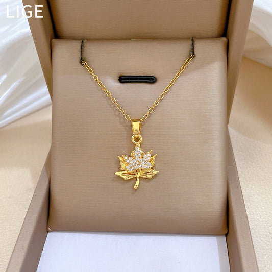 Sweet Luxury Full Rhinestone Plant Titanium Steel Necklace for Unisex