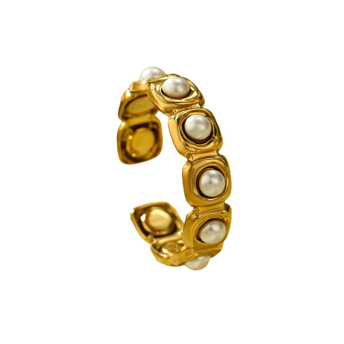 Anillo Abierto Minimalista Redondo de Acero Inoxidable con Incrustación de Perlas para Mujer, Accesorio de Moda de Lujo Electrochapado