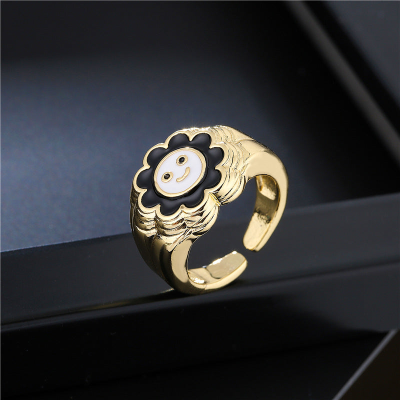 Cute Geometric Drip Oil Gold Plated Brass Sunflower Smile Open Ring for Women