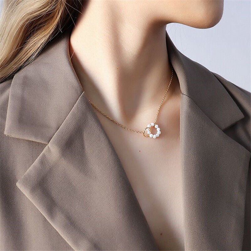 Minimalist Geometric Double Ring Titanium Steel Necklace with Pearl Accents for Women