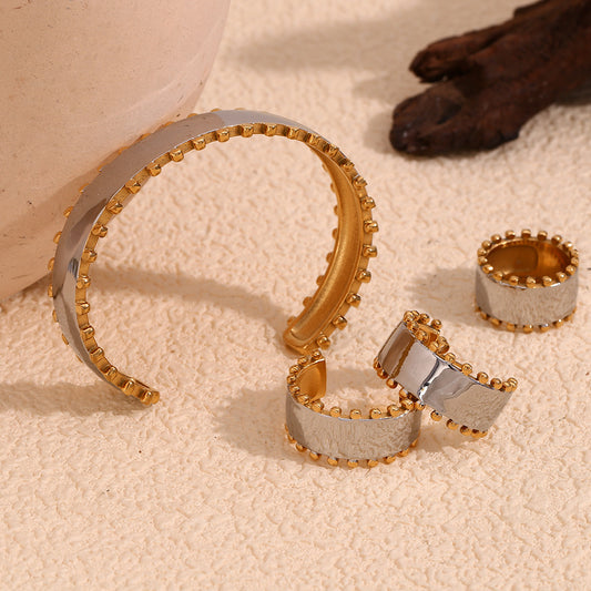 Elegant Business 18K Gold Plated Geometric Stainless Steel Bracelet Ring Earring Set for Women