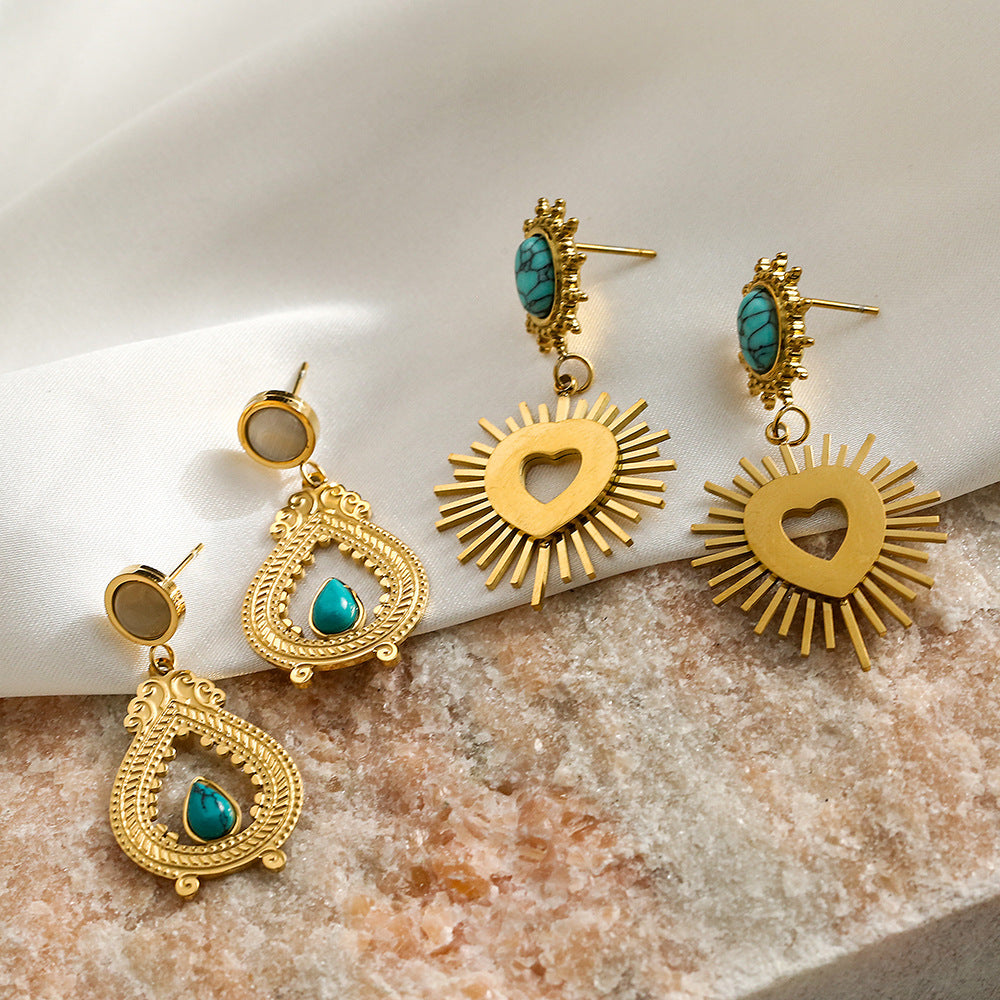Vintage-style Heart-shaped Titanium Steel Drop Earrings with Turquoise Inlay for Women