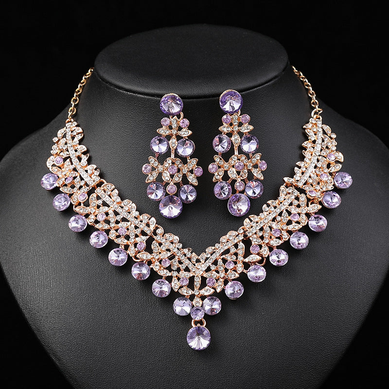 Vintage Floral Alloy Necklace and Earrings Set with Geometric Shapes Electroplated for Women
