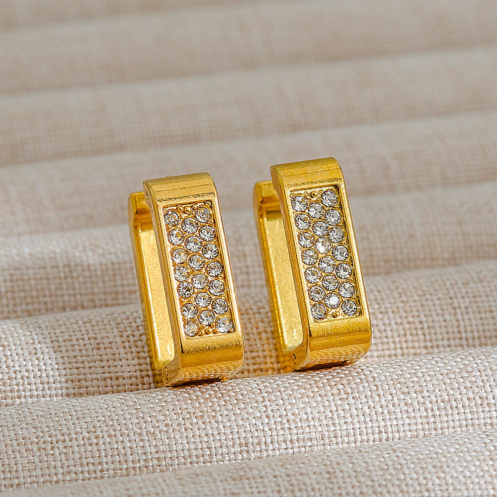 Orecchini da donna placcati in acciaio al titanio a forma di U minimalisti con intarsio di strass