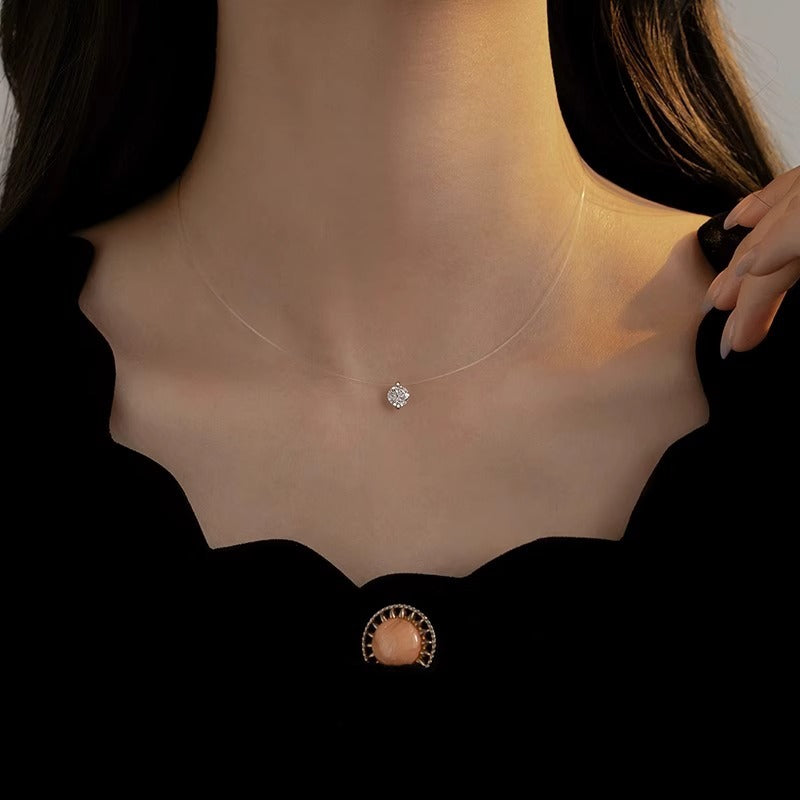 Luxury Teardrop Cubic Zirconia Pendant Necklace Brass Invisible Fish Line Choker for Women Unisex